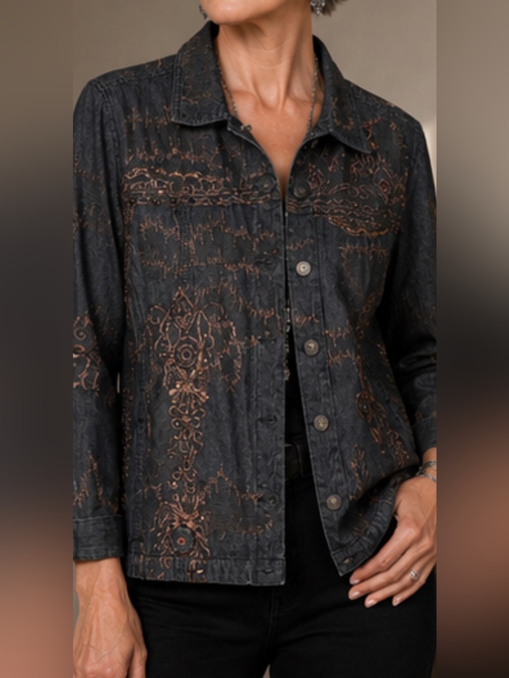 Chico’s Gray Denim Jacket Embroidered Beaded Sequin Boho Western Size M